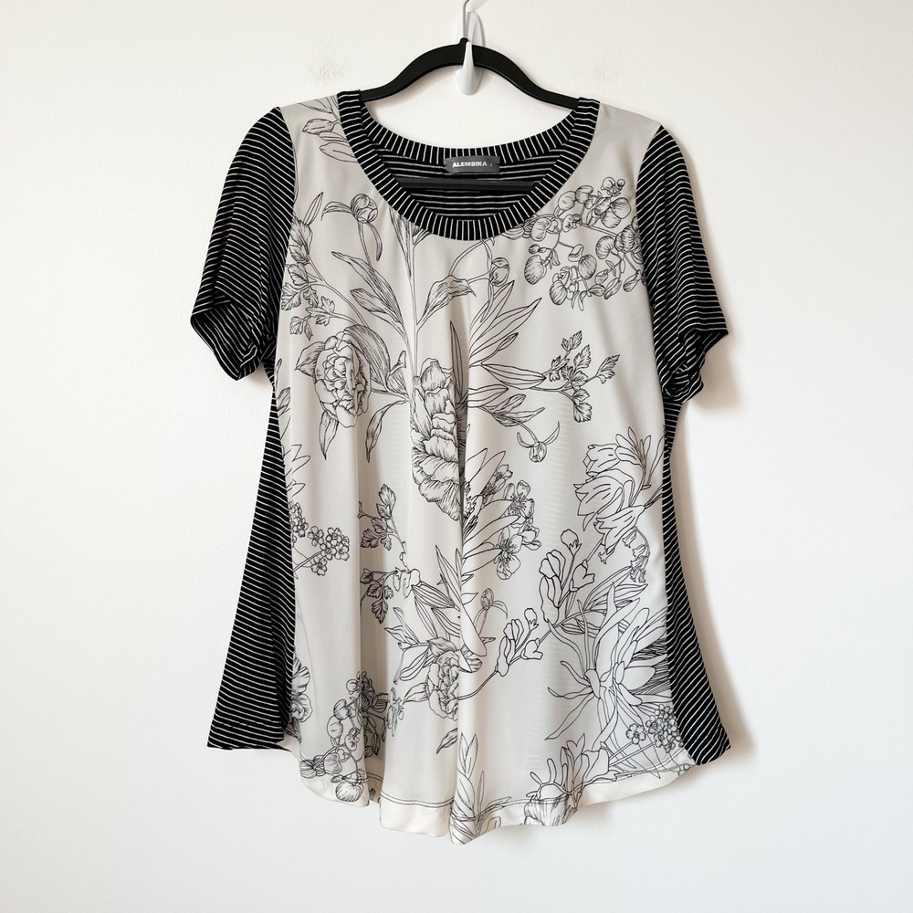 Alembika Mixed Media Tunic Top Floral Stripe Womens 10/12 Black White Lagenlook